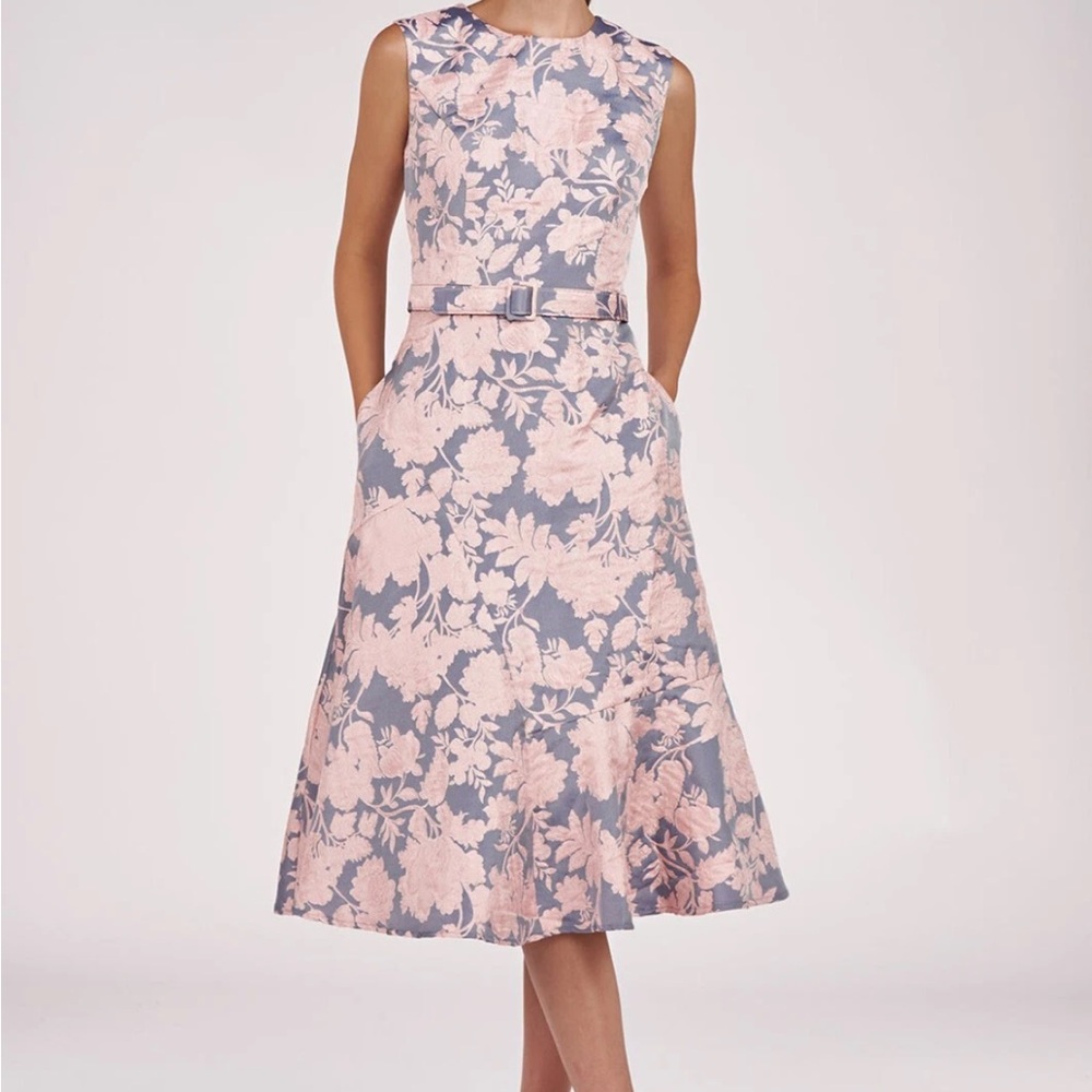 NWT Kay Unger Sz 6 Verity Pink Brocade Floral Belted Midi Dress with pockets